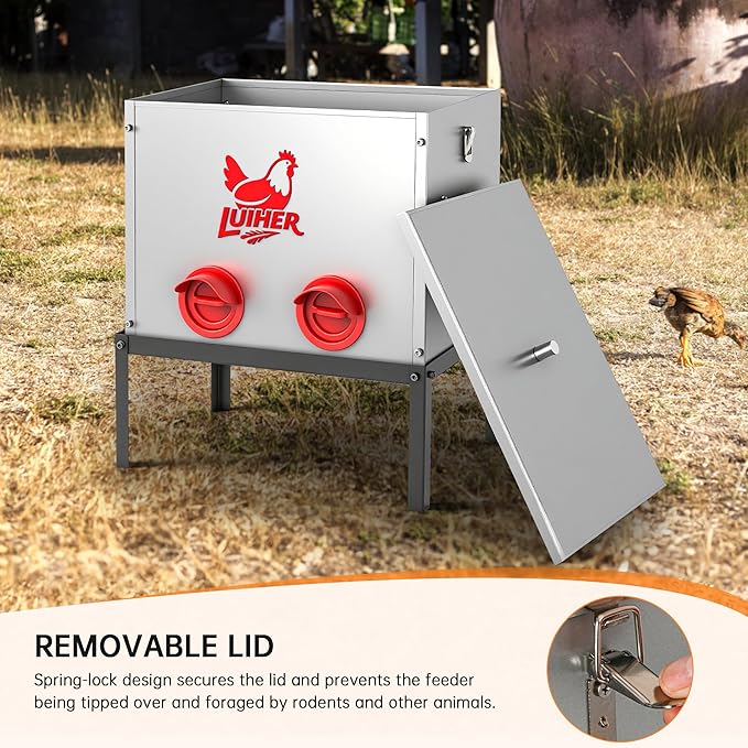 LUIHER Chicken Food Dispenser 40lb 6 Ports Large Capacity Galvanized Metal Poultry Feeder with Legs and Lids - Reduces Refilling Frequency - No Waste Chicken Feeding Equipment for Hen Coop