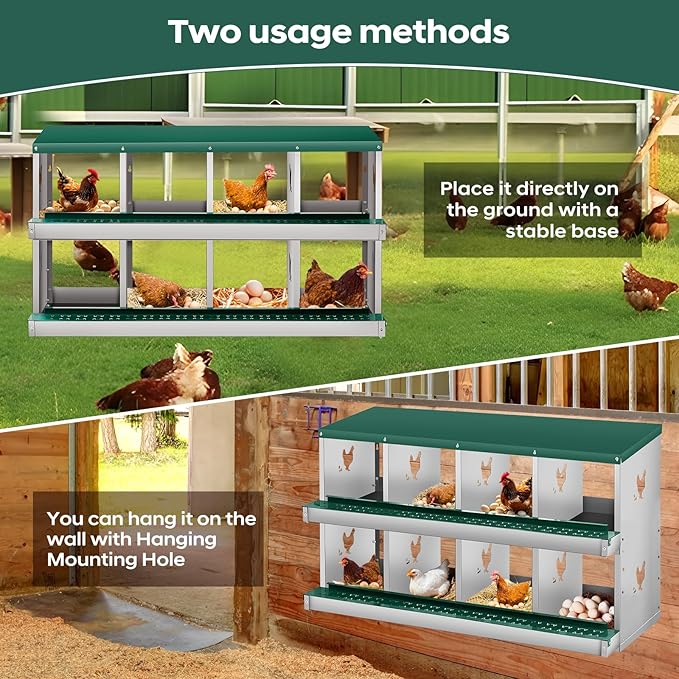 Garvee 8 Compartment Chicken Nesting Box, 2 Layer Wall Mount/Free Standing Poultry Nest for Chickens, Hens, Ducks, Metal Chicken Laying Boxes with Perch, Secure Lid, Vented Holes, Green