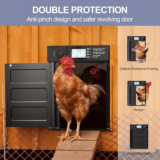 Large Size Automatic Chicken Coop Door Solar Powered, 4000MAh Internal Battery Automatic Coop Door Anti-hit Side Charging Port, Automatic Chicken Door with Timer & Light Sensor 4Modes & Remote Control