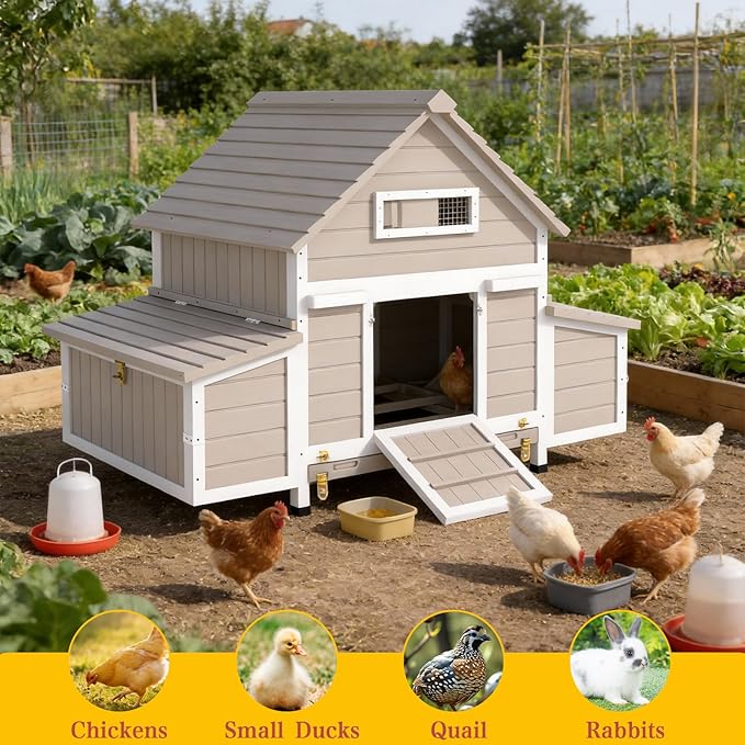 Large Chicken Coop Outdoor, Expandable Hen House with 6 Nesting Boxes, Rabbit Hutch Bunny Cage Poultry for 2-5 Chickens with 3 Perches, Leakproof Pull-on Tray and Rampy(61" L x 33.5" W x 40.2" H)