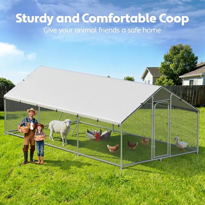 Large Metal Chicken Coop Run with Roosting Perch, Outdoor Poultry Cage with Waterproof & UV-Resistant Cover for Chickens, Ducks, Rabbits in Yard or Farm Use, Spire Roof (8.9'W x17.7'L x 6.6'H)