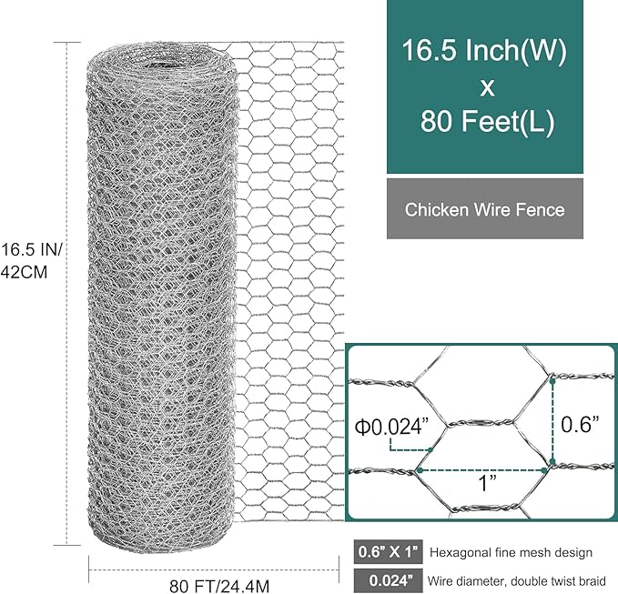 Chicken Wire Fencing, 16.5 Inch x 80 Feet Chicken Wire Mesh Roll for Garden Plants, 0.6 Inch Mesh Hexagonal Galvanized Metal Poultry Wire Netting for Chicken Coop Rabbit Dogs Barrier