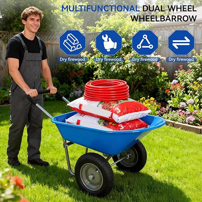 Dual Wheel Garden Wheelbarrow,Heavy Duty Yard Cart with 10“/15" Pneumatic Tires, Rustproof Poly Tray & Steel Handle, 300 lbs Capacity Utility Cart for Lawn, Farm, and Landscaping (Blue-15“)