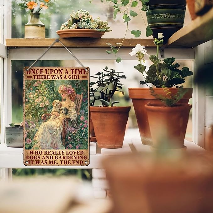 PEACHGARDEN Garden Decor Vintage Metal Sign A Girl Who Really Loved Dogs and Gardening Yard Art Wall Decor for Outdoor Garden Yard Patio 8x12inch