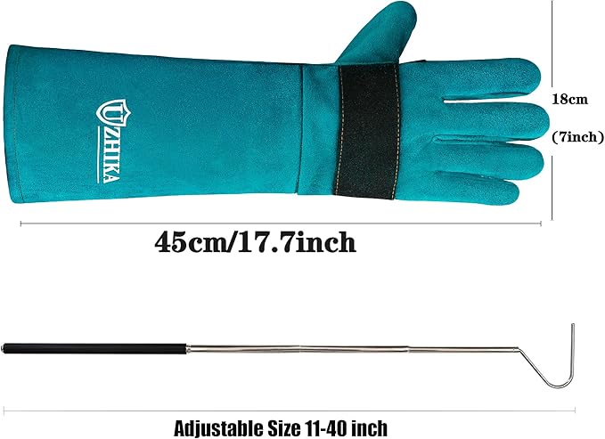 Animal Handling Glove Bite Proof Gloves Scratch Resistant for Grabbing Reptile, Grooming, Trips to Vet. Puncture for Cat Dog Bird Falcon Livestock Snake with 40inch Collapsible Snake Hook