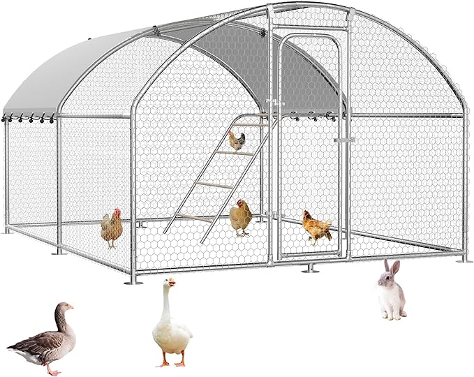 Large Metal Chicken Coop Walk-in Poultry Cage with Waterproof Roosting Perch and UV-Resistant Cover, Outdoor Chicken Run Poultry Hen House for Backyard Farm Use,Dome Roof(10’ W x 13.2’ L x 6.4’ H)