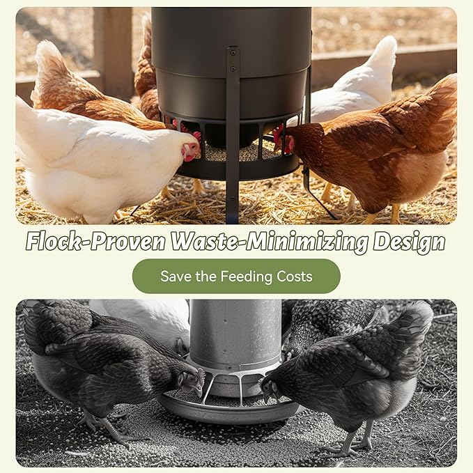 KOL Chicken Feeder No Waste for Coop & Outdoors, 16 Port 50lbs Poultry Feeder with Spill-Control Design, Rust-Proof Powder Coated Metal & Smooth Safe Edges (Black)