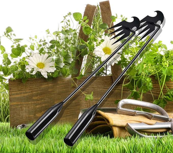 Stainless Weeding Artifact Uprooting Weeding Tool, Stainless Steel Forged Weed Puller 4 Teeth Dual Purpose Weeder, Standup Weed Root Pulling Tool and Picker for Backyard Farm Planting (Black 2Pcs)