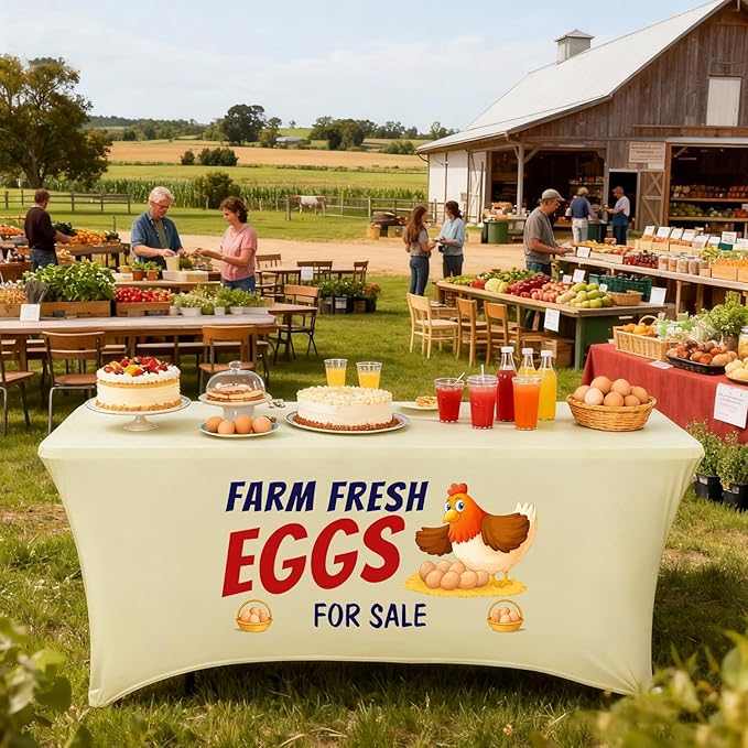 Oudain 6 ft Farm Fresh Eggs Tablecloth Stand Supplies Stretch Spandex Table Cloth Cover Rectangle Table Decor for Farmers Market Chicken Coop Small Business