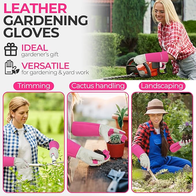 HANDLANDY Rose Pruning Gardening Gloves for Men & Women, Thornproof Long Gauntlet Gloves, Pigskin Leather - Breathable & Durability (Large)