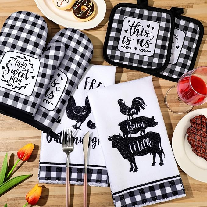 Sratte 6 Pcs Farmhouse Marble Dish Towels Pot Holders and Oven Mitts Sets Pink White and Gold Heat Resistant Kitchen Towels Farm Animal Kitchen Decoration for Baking Cooking Supply(Farm Animal)