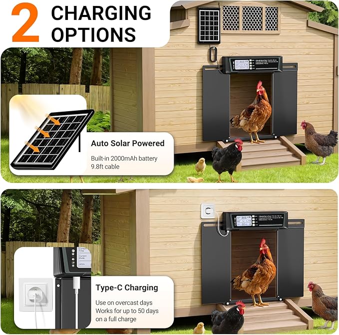 Automatic Chicken Coop Door Solar Powered, Extra Large Horizontal Opening Auto Chicken Door with Timer & Light Sensor, Remote & Manual Control, USB Backup, Anti-pinch, Aluminum Weather-proof Coop Door