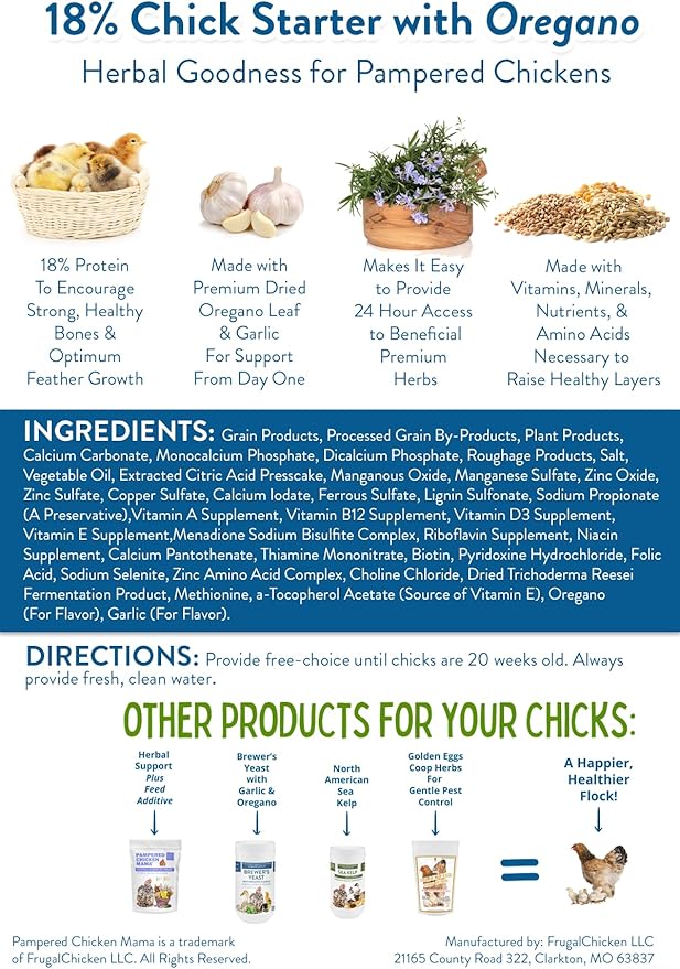 Pampered Chicken Mama Backyard Chick Starter Food - All-Natural Backyard Baby Chick Food Supplies for Baby Chickens & Ducks - Chick Starter Grower - Herbal Blend for Chicks (40 pounds)