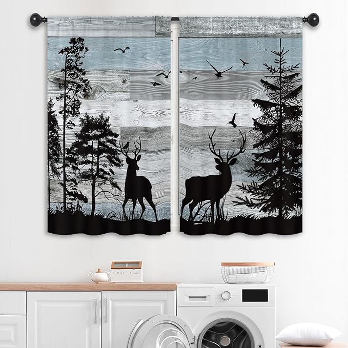 Farmhouse Deer Rustic Kitchen Curtains 27.5W x 39L Inch Cabin Lodge Country Forest Blue Wood Wooden Rod Pocket Short Small Window Treatment Drapes Decor 2 Panels