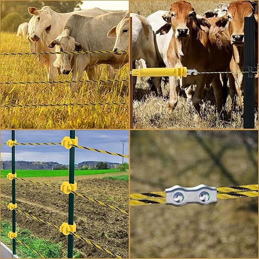 Electric Fence Wire Kit - 1312 Feet 400 Meters Electric Fence Polywire, 50 PCS T-Post Insulators, 25 PCS M4 Heavy Duty Poly Rope Connectors, 5 PCS Robber Electric Fence Gate Handle Insulators
