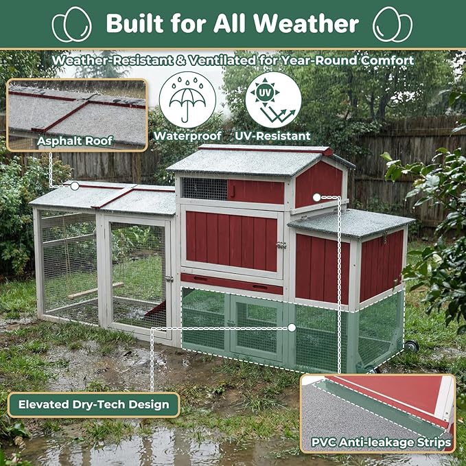 Chicken Coop with Run, Mobile Chicken Tractor Hen House Weatherproof with Wheels, Nesting Box, Roosting Bars, Pull-Out Tray, Asphalt Waterproof Roof & Fun Swing for Chickens Quails Small Animals