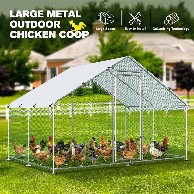 Large Metal Chicken Coop Walk-in Chicken Run with Waterproof Cover Outdoor Backyard Farm Anti-UV Spire Shaped Cage for Poultry, Ducks, and Rabbits(9.8' L x 6.5' W x 6.5' H)