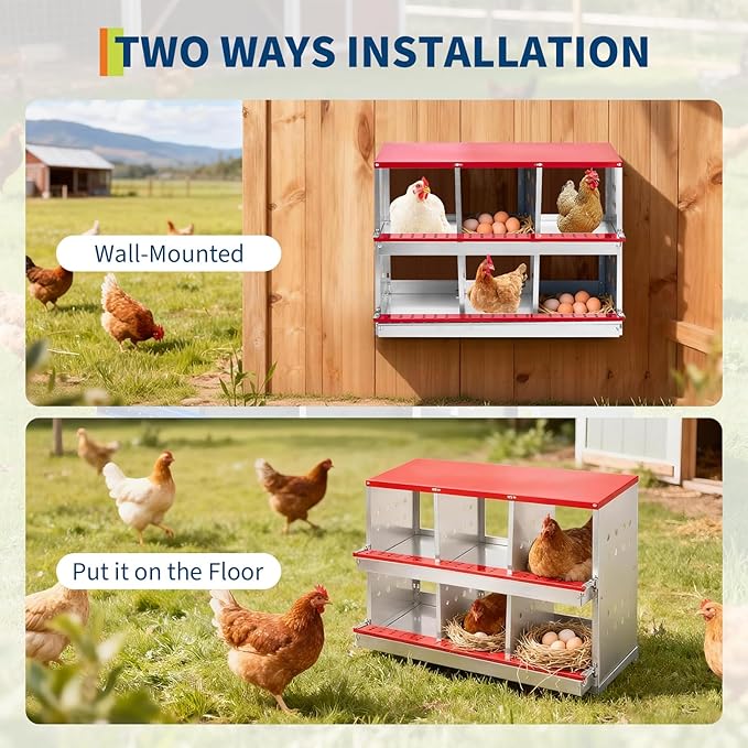 Heavy Duty Metal Chicken Nesting Box – 6 Compartments, Rollaway Egg Collection, Ventilated, Resting Perch, Wall Mounted/Floor, Easy Clean, Red Covered, 96×48×71cm, with Cover