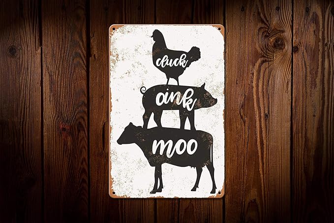 KENSILO Metal Tin Signs Vintage Cluck Oink Moo Chicken Pig Cow Farmhouse Home Kitchen Restaurant Wall Decor 8 x 12 inches