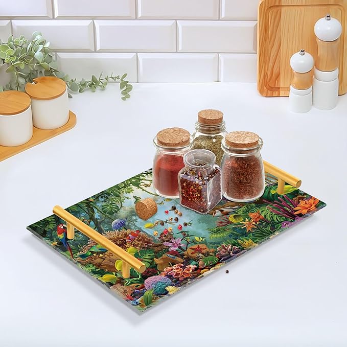 Bathroom Vanity Tray Counter Organizer, Tropical Rainforest Ecosystem Decorative Tray with Handles Countertop Storage for Bathroom Bedroom Kitchen Home Farmhouse