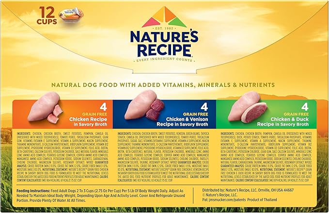 Nature's Recipe Grain Free ChickenRecipe, Chicken & VenisonRecipe and Chicken & Duck Recipe in Savory Broth Variety Pack Wet Dog Food, 2.75 oz. Cups,(Pack of 48)
