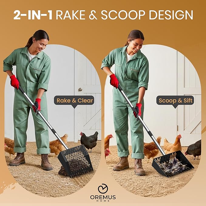 Chicken Poop Scooper & Rake 2-in-1,Metal Coop Shovel 10 inches Sand Sifting Shovel, Chicken Coop Scooper, Adjustable Stainless Steel Handle (35" to 62"), Cleaning Tools for Chicken Coops
