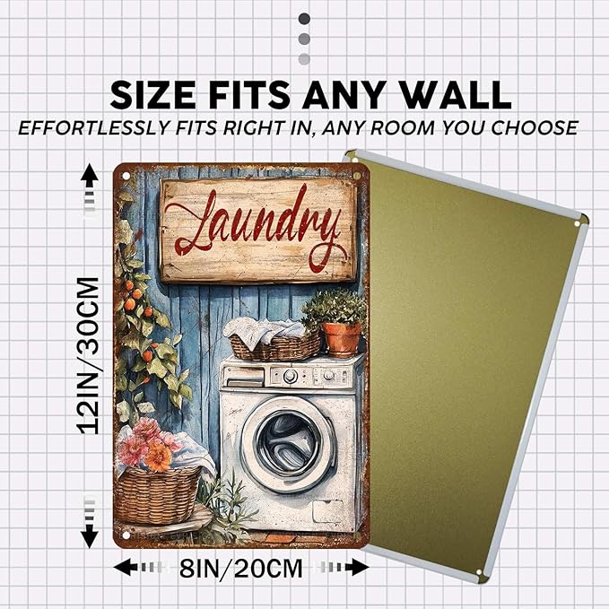 Retro Laundry Room Tin Sign Vintage Metal Sign Funny Nostalgic Wall Decor Wall Art For Home Bathroom Toilet Indoor Shop Basement Washroom Cafes Bar 12 * 8In