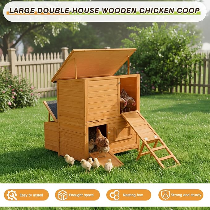 Chicken Coop, 2-Story Large Wooden Hen House for 6-8 Chickens with 3-Nesting Boxes & 2-Easy Clean Pull-Out Tray, 2-Secure Vents, Foldable Ramp & Waterproof Flip-Up Roof, Orange