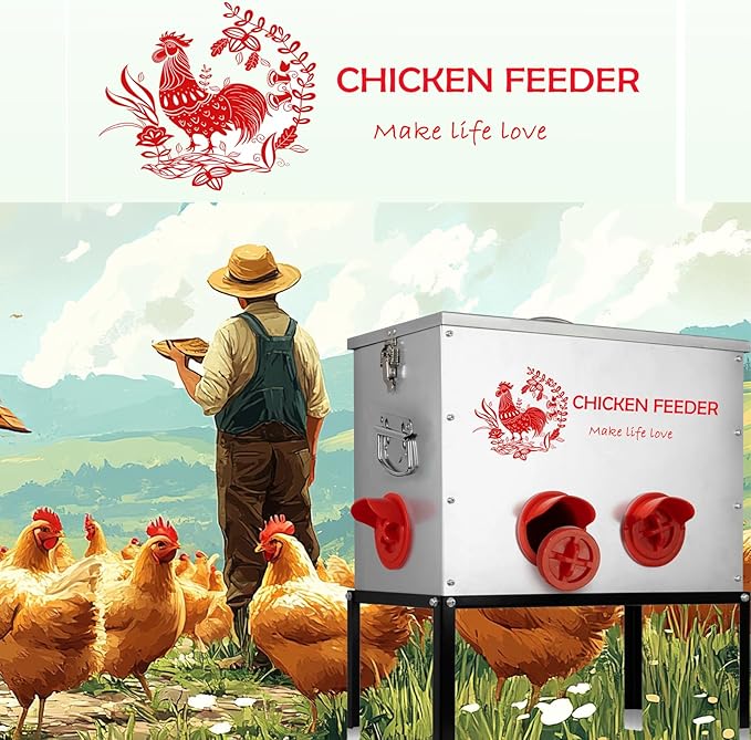 Automatic Chicken Feeder Capacity 6 Port Large Metal Chicken Feeders No Waste Poultry Feeder with Locking Lid and Legs for Inside Chicken Coops for Chickens, Ducks, Geese (A24-1)