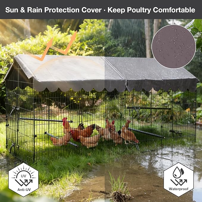 22 Sq Ft Large Metal Chicken Coop with Waterproof Cover, Outdoor Chicken Run for 6-8 Chickens, Rabbits & Ducks, Heavy Duty Rust-Resistant Poultry Cage with Secure Lock