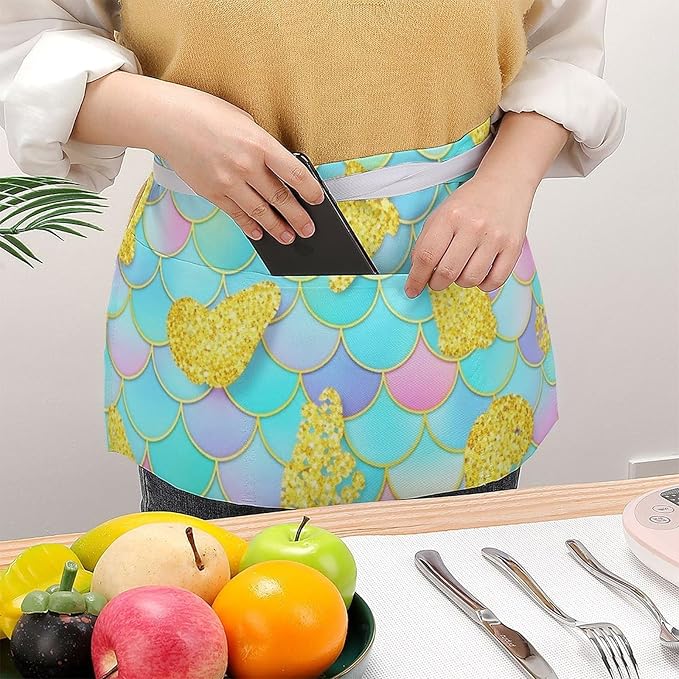 Server Apron with 3 Pockets Waist Waiter Waitress Half Apron Short Aprons