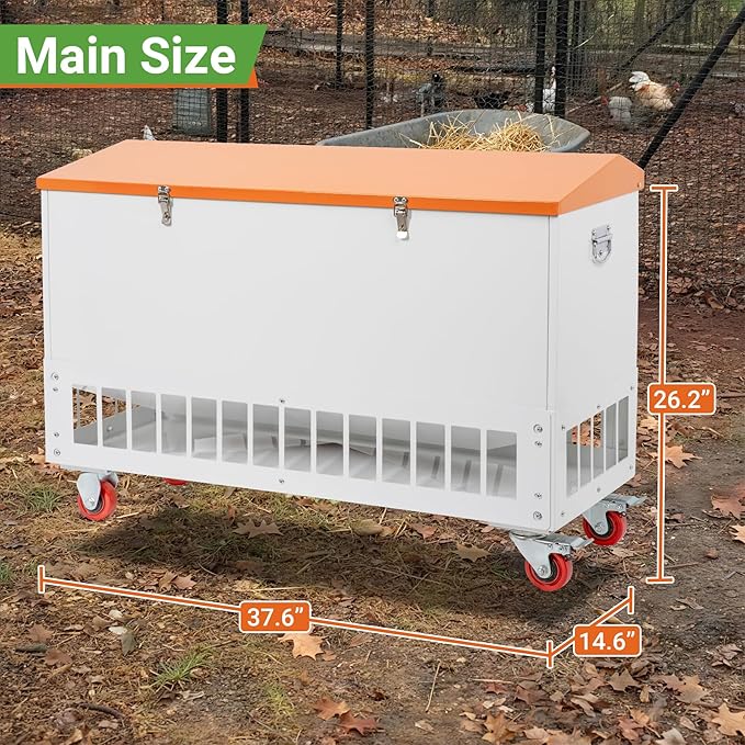 Chicken Feeder with Grille & Wheels, No-Waste 120LBS Capacity Feeder w/ 22 Ports for 20 Chickens, Powder-Coated Steel Feeder w/Waterproof Lid, 37.6”x14.6”x26.2”