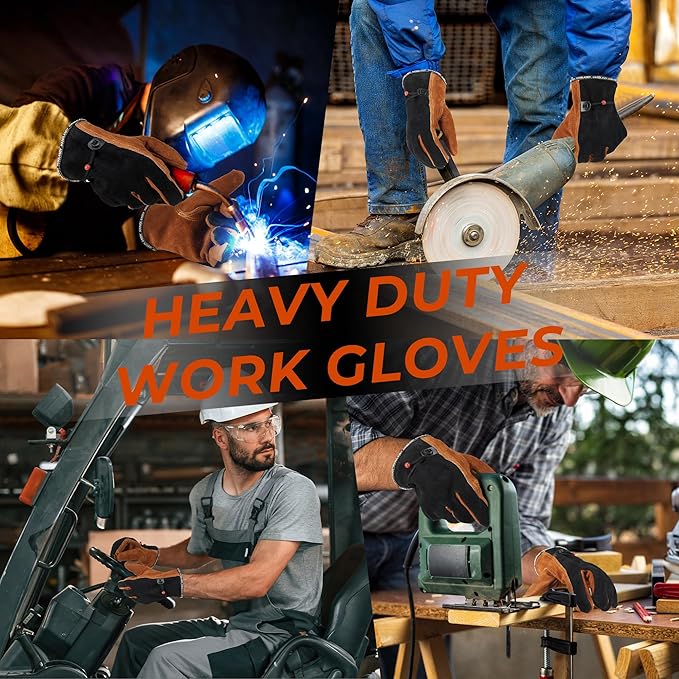 HANDLANDY Leather Work Gloves for Men and Women, Utility Tough Cowhide Glove