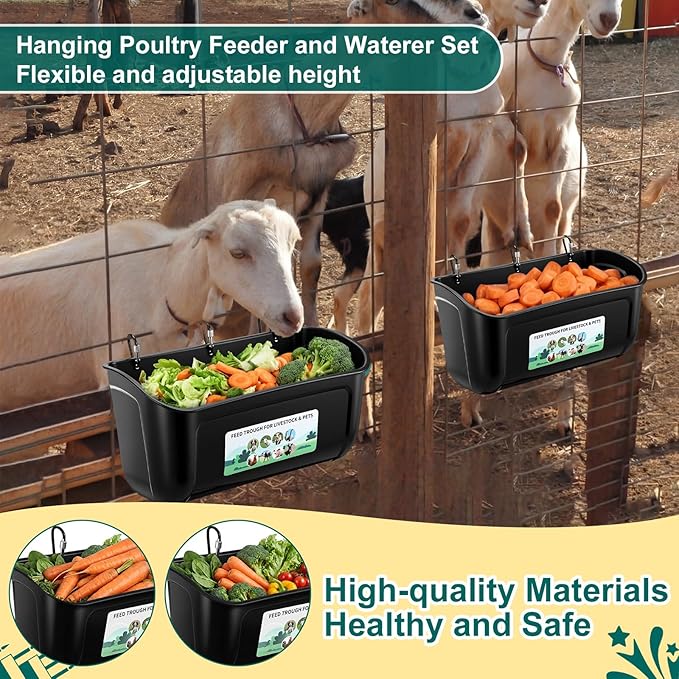 6 Pack Chicken Duck Feeder Waterer Hanging Goat Feeder Trough 2.5 and 5 Quart Livestock Feeding Trough with Scoop & Brush for Pig, Poultry, Fence Feeding, 25 Quart Total (Black)