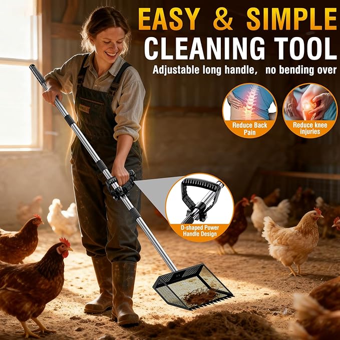 TOOGE Large Chicken Poop Scooper: 2-in-1 Metal Pooper Scooper & Rake Adjustable 62" Long Handle Stainless Steel Sand Sifting Litter Shovel Chicken Coop Scoop Cleaning for Bedding Goats Farm Yard Black
