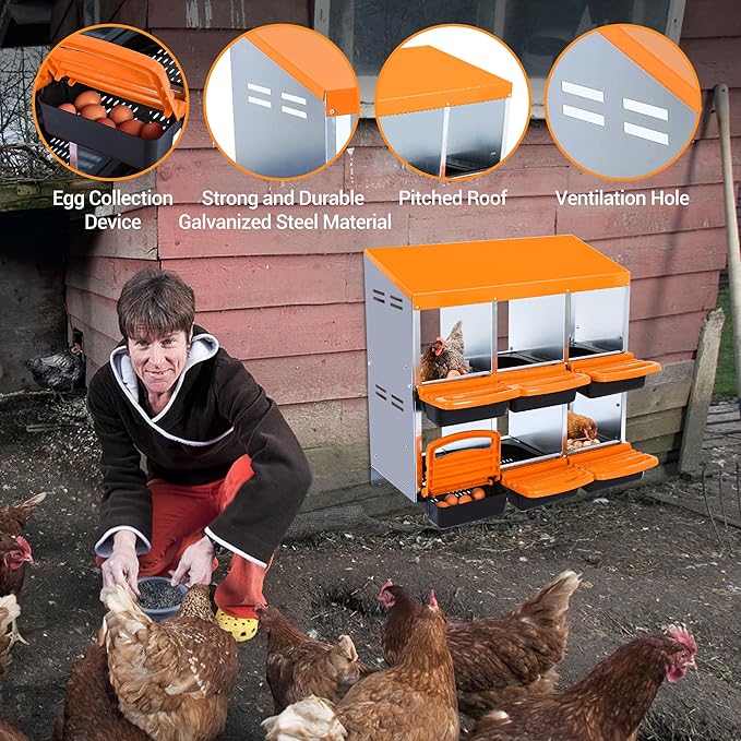 Chicken Nesting Box 6-Hole Roll Away Egg Laying Box with Lid, Galvanized Steel Rustproof Poultry Coop Box, Easy Clean, Wall Mountable No Bracket Needed for Hens, Orange