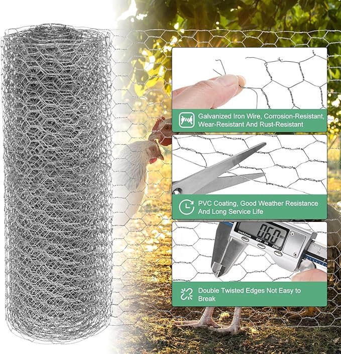 Chicken Wire for Floral Arrangements, 14 x 315 in Galvanized Iron Hexagonal PVC Coated for Crafts/Poultry/Garden, Chicken Wire Netting Fence Mesh [Silver Tone]