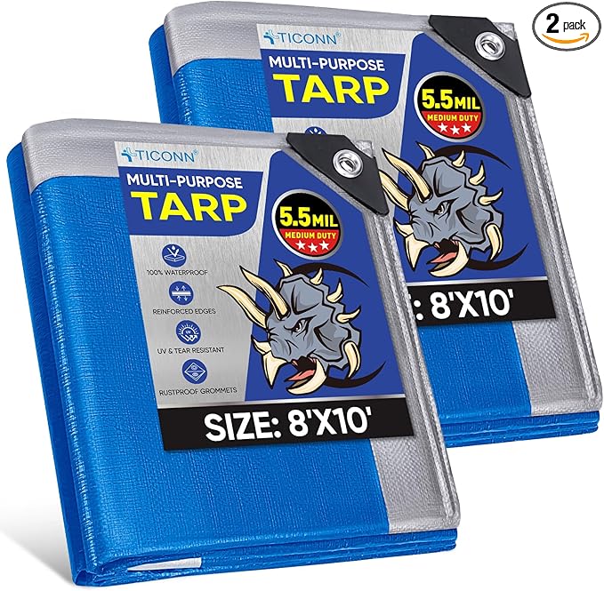 TICONN Heavy Duty Tarp Cover, Extra Thick Tarps Waterproof Tear and Rip Proof UV Resistant Tarpaulin with Reinforced Grommets and Edges (5.5 Mil/2PK, 8'x10')