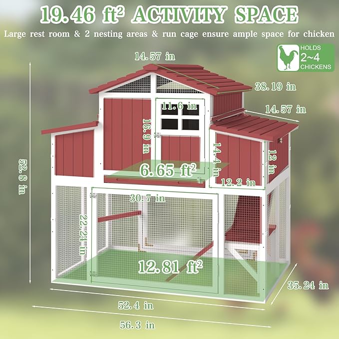 56.03" L 2-Story Chicken Coop with Run,Fir Wood Chicken House Hen House with 2 Large Nesting Boxes,Expandable Poultry Cage for 2-4 Chicken with 4 Perching Bars,Pull-Out Tray,Ramps,RED