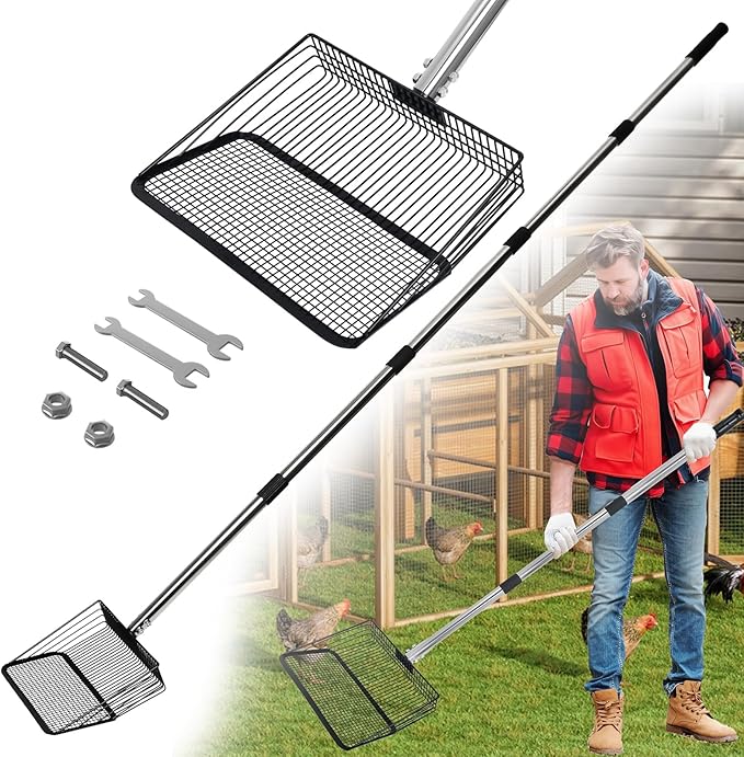 Chicken Poop Scooper, 5-in-1 Large Adjustable Stainless Steel Long Handle, 10-inch Metal Chicken Coop Scooper, 22" to 77" Removable Heavy Duty Coop Scoop Cleaning Supplies for Chicken Coops