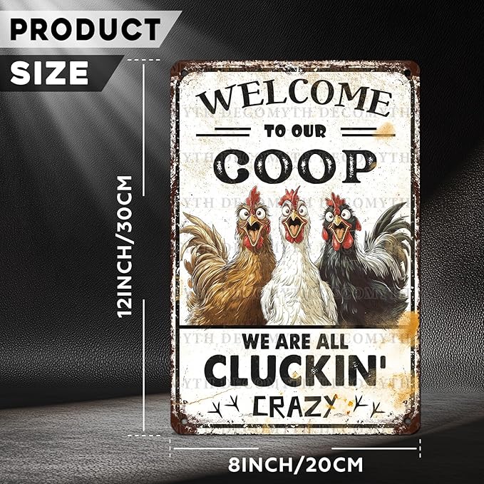 Retro Chicken Coop Tin Sign Welcome to Our Coop Vintage Chicken Hen Rooster Metal Poster Funny Pet Lovers Wall Art Accessories for Farmhouse Garden Plaque Farm Kitchen 12 * 8inch