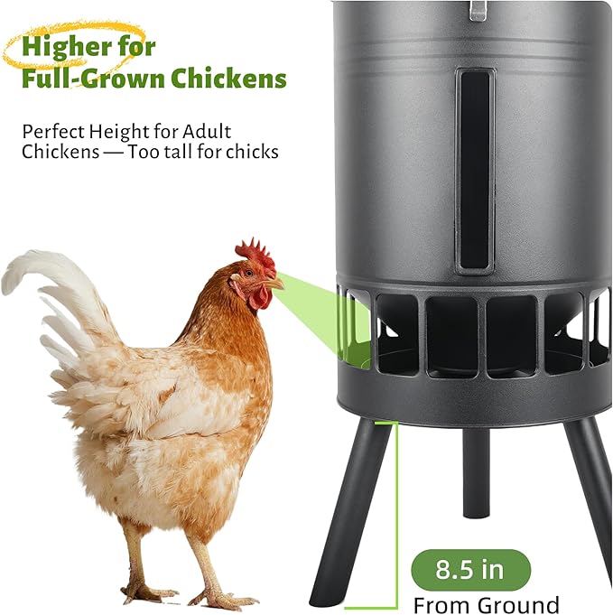 KOL 50LB Metal Chicken Feeder - No Waste, No Clog Design with 16 Ports & Smooth Gravity-Flow, Powder Coated Rust-Proof for Coop Use (Black)