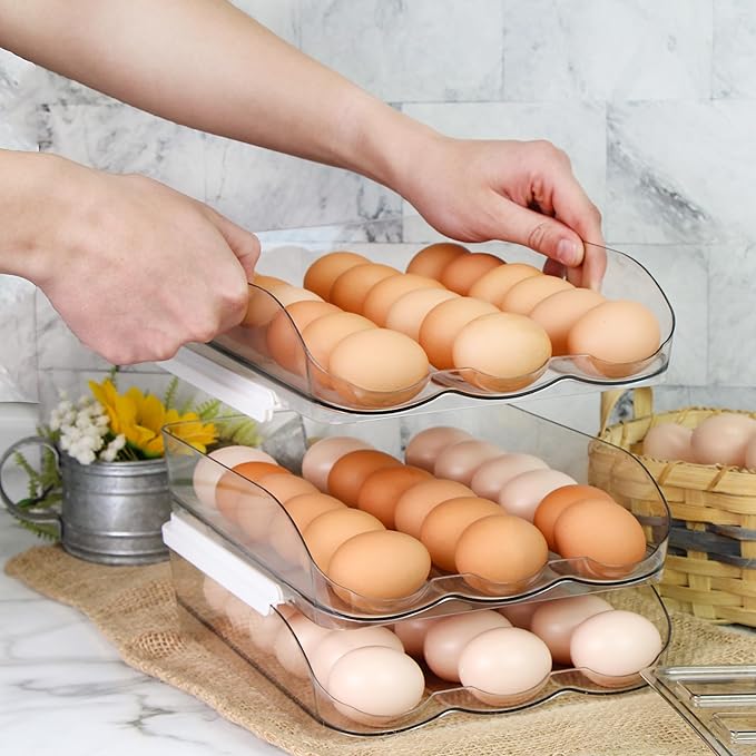 Egg Container for Refrigerator - Clear Stackable 3 Tier Plastic Egg Holder Drawer - 4 Dozen Capacity Farm Eggs Organization Storage Trays for Fridge or Kitchen Counter