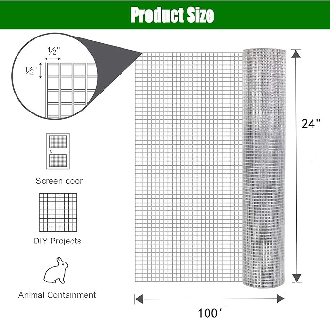 GANGHAO Hardware Cloth 19 Gauge 1/2 inch 24in x 100 ft, Chicken Wire Mesh Roll, Wire Fencing, Wire Fence Roll, Galvanized Wire Mesh, Guard Mesh