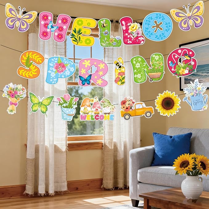 3Pcs Pre-Strung Hello Spring Banner for Classroom Office Spring Easter Hanging Decorations