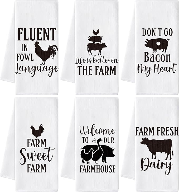 GROBRO7 Farm Animals Hand Towel - 6Pcs Sweet Farm Chicken Cow Pig Pattern Rustic Kitchen Dishcloths Set Polyester Soft Towels for Farmhouse Home Bathroom Dining Decor Housewarming Gifts