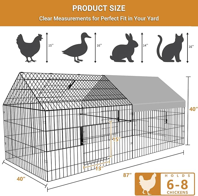 Chicken Coop 87"×40" Metal Portable Black Duck Coops Enclosure with Waterproof Cover Chickens Cage Runs for Yard Outdoor Backyard Farm Duck Pen Chicken Tractor for Rabbit, Dog, Cat,Small Animal