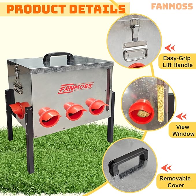 60lb Automatic Chicken Feeder, 8 Ports No Waste Chicken Feeder with Viewing Window, Locking Lid, Adjustable Legs & Waterproof Silo, Large Metal Poultry Feeder for Hens, Ducks, Geese, Poultry