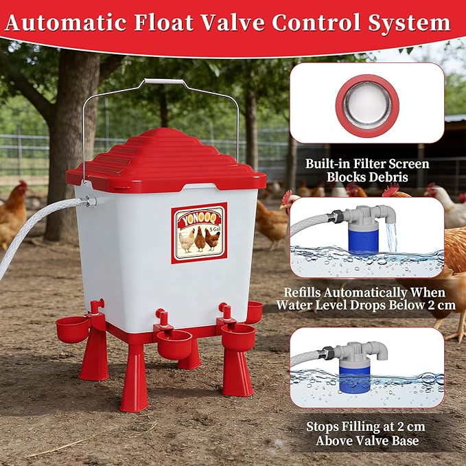 5 Gallon/26 Pounds Automatic Chicken Feeder and Waterer Set, Chicken Waterer with Automatic Float Valve, No Waste, Rain Proof Poultry Feeder, Chick Coop Accessories, for Chicken, Duck, Turkey