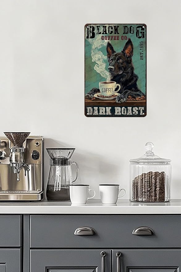 Vintage Black German Shepherd Dog Metal Sign Black German Shepherd Dog Coffee Novelty Metal Poster Home Cafe Kitchen & Bar Bathroom Aluminium Sign Art Wall Decor 12x8 Inch